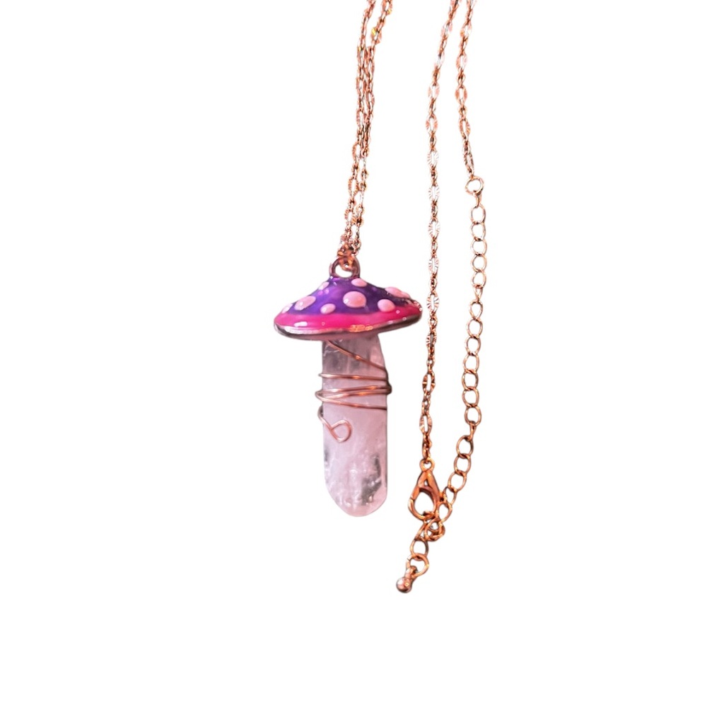 Mushroom Necklace with Wire-Wrapped Quartz Crystal  – Boho Fantasy Charm